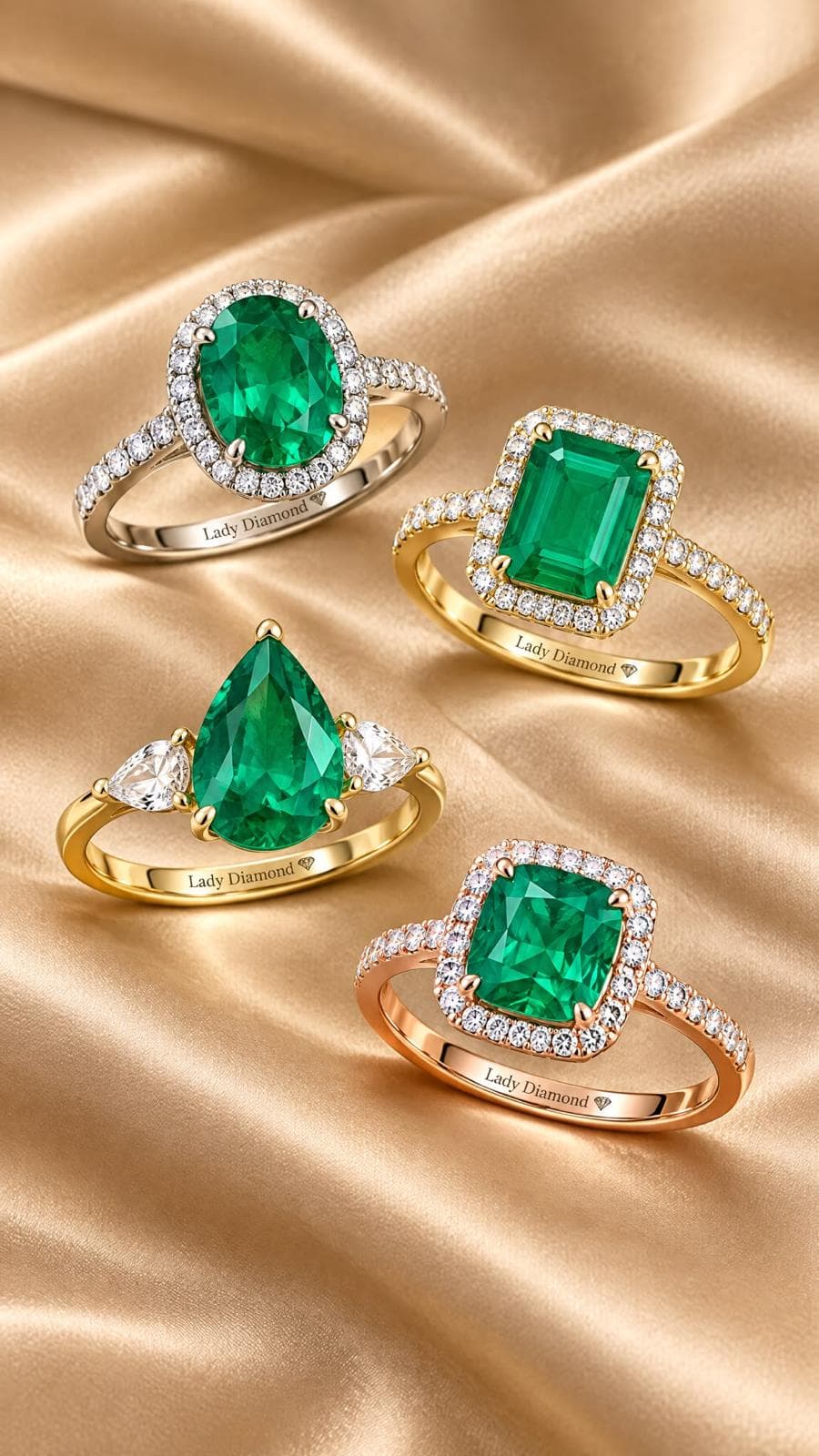 טבעות Lady Diamond משובצות אמרלד על משי זהוב